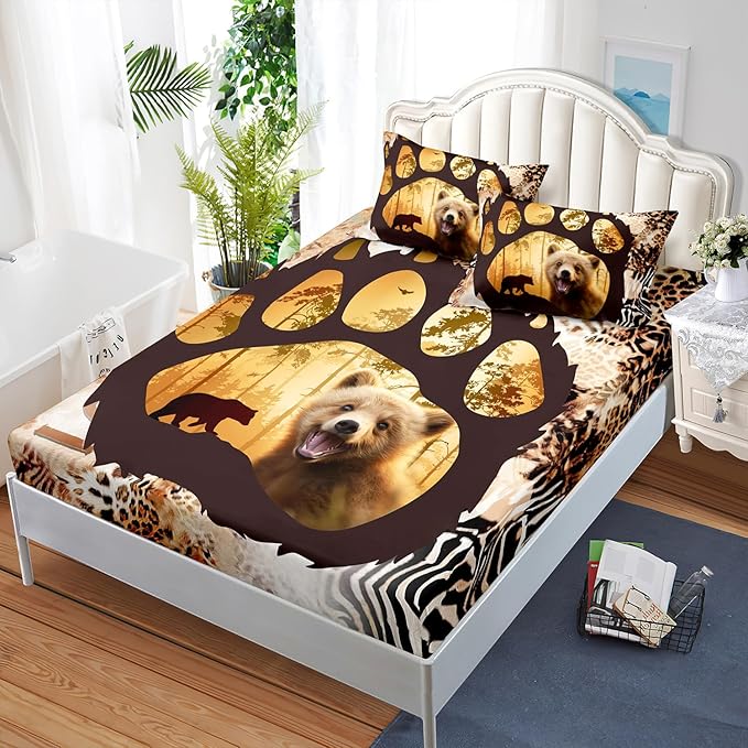 AILONEN Cute Bear Queen Fitted Sheet Set for Girls Boys, Bear Paw Sheet Leopard Print Fitted Sheet with 2 Pillowcases,3 Pieces Rustic Vintage Bear Bed Sheet Set