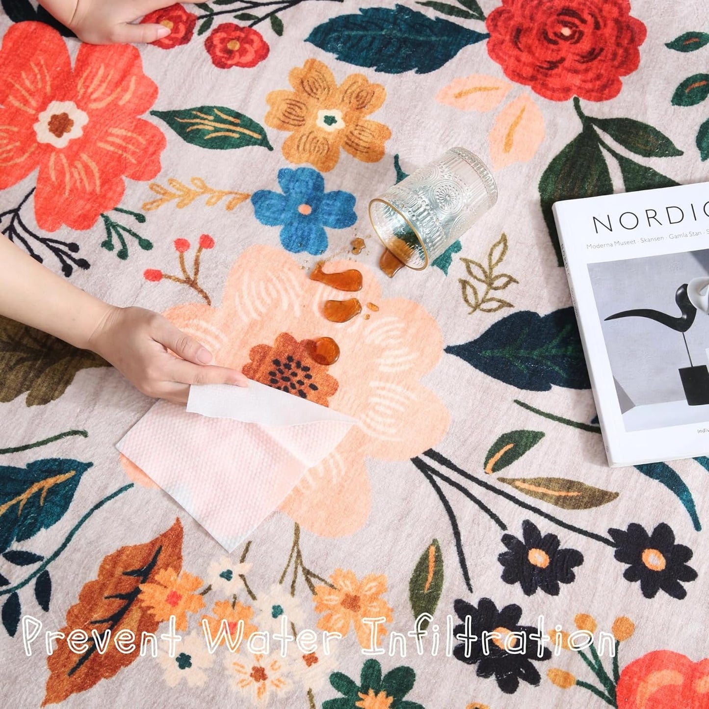 Area Rug 4x6 Rug Washable Boho Rugs Non Slip Low Pile Floral Small Carpet for Bedroom, Bedside, Kids Room, Office, Dining Room(Beige)