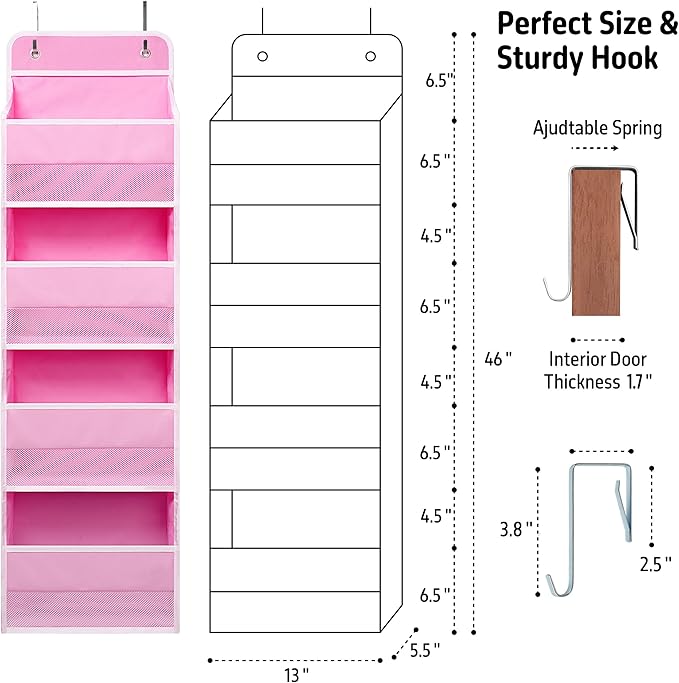 Heavy Duty Over Door Organizer, Hanging Organizer Storage with 4 Large Capacity Pockets, Closet Bathroom Nursery Bedroom Dorm, Toys Cosmetics Sundries and Baby Essentials, Pink