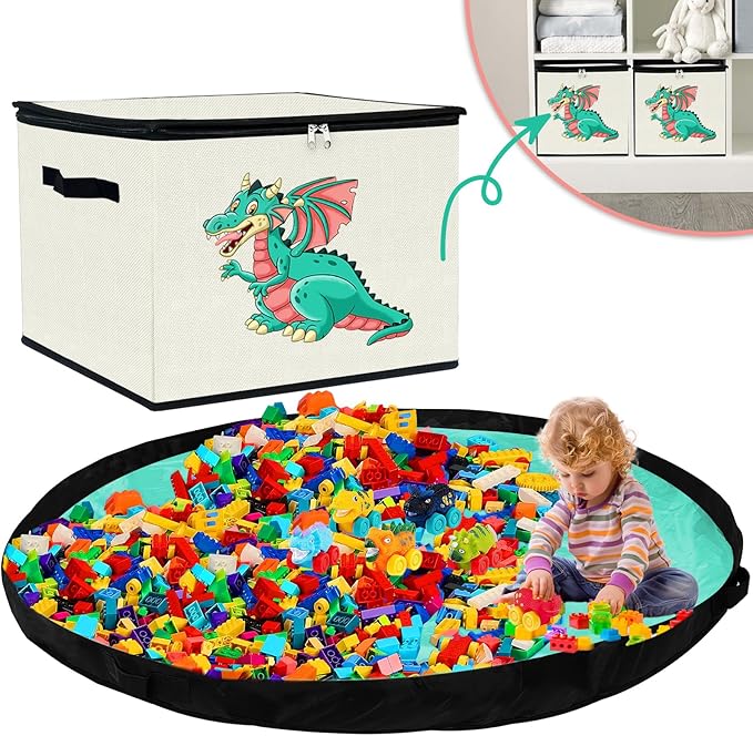 homyfort Toy Storage Organizer & Play Mat - Large Toy Storage Box Basket Bin for Kids Boys Girls Building Bricks/Blocks, Nursery, Playroom (Beige)