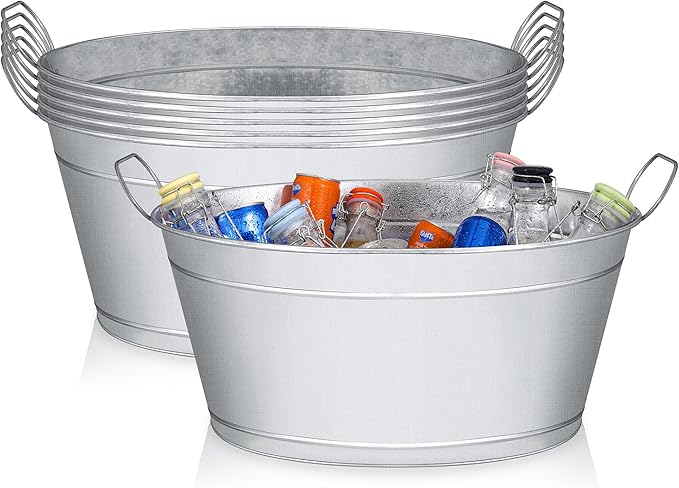 Large 6-Gallon Galvanized Tin Beverage Tub, 20x14x10 inches (Pack of 6)