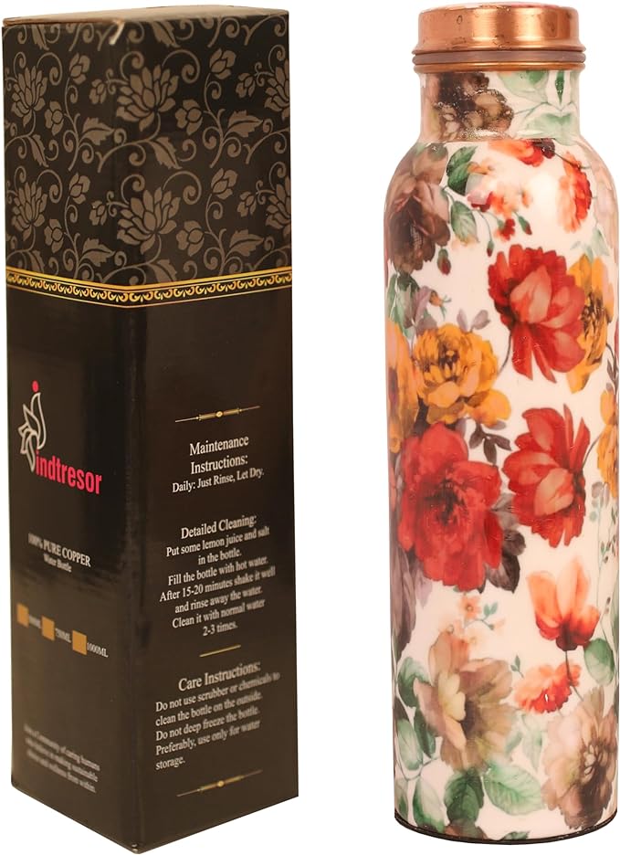 Pure Copper Water Bottle - Handcrafted - Ayurveda health benefits - Large 35 oz - Leak proof - Easy to carry for Sports, Fitness, Yoga, School - White Base Floral Vintage Colors Enamel