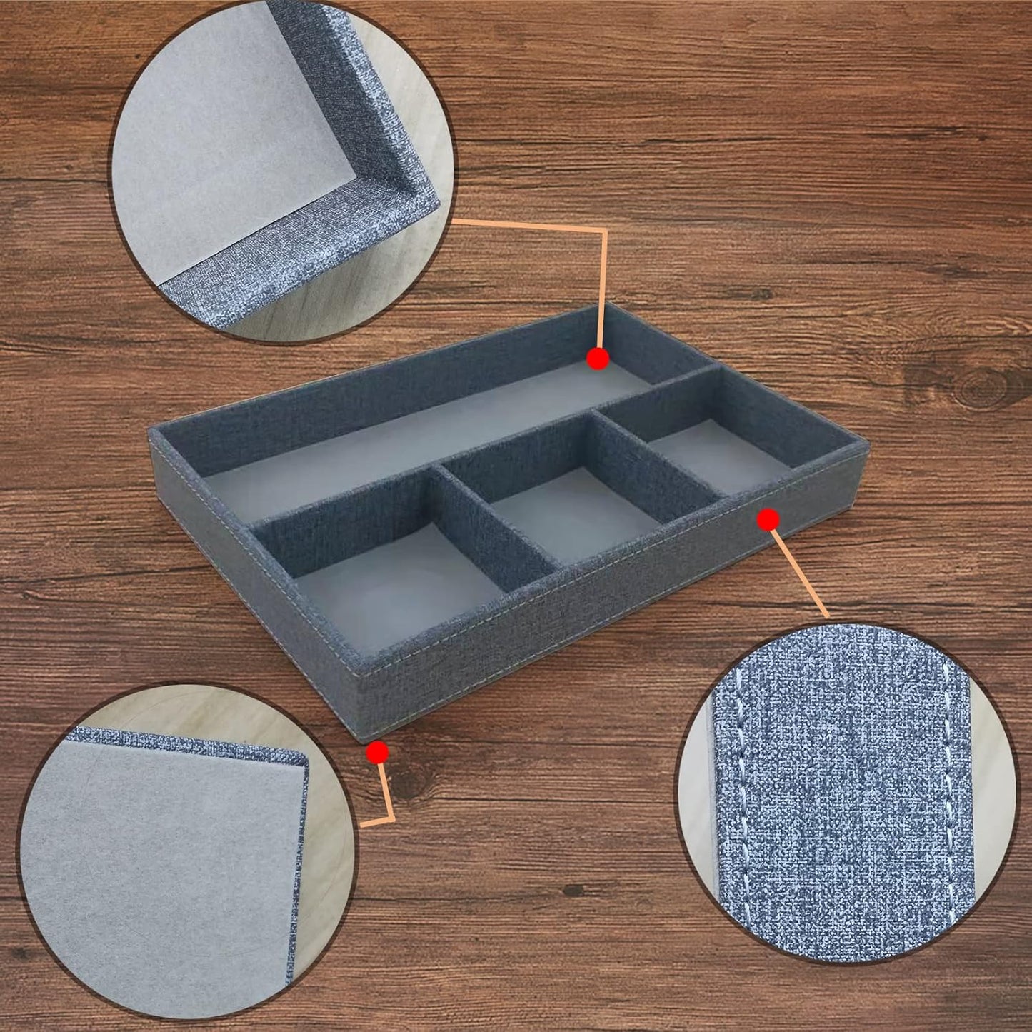 Desktop Storage Organizer, Bedside Table or Storage rack Leather Tray, Valet Tray, Dresser Organizer, 4 Compartments,PU Leather Drawer Storage Organizer Decorative Trays. (gray)