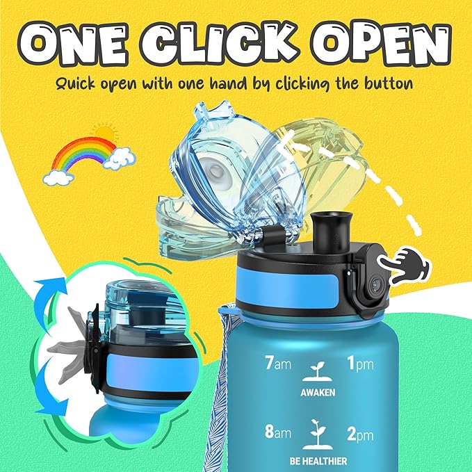 OLDLEY Kids Water Bottle for School, 17 oz (2 lids) BPA-Free Reusable Leak-proof Durable Tritan Plastic Water Bottles with Straw & Chug Lids, Anti-dust Spout Cover (Blue)