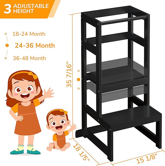 AMBIRD Toddler Step Stool, 3 Adjustable Height Kitchen Step Stool for 18-48 Months Kids, Wooden Toddler Kitchen Stool with Rail & Non-Slip Mat for Kitchen & Bathroom Sink (Black)