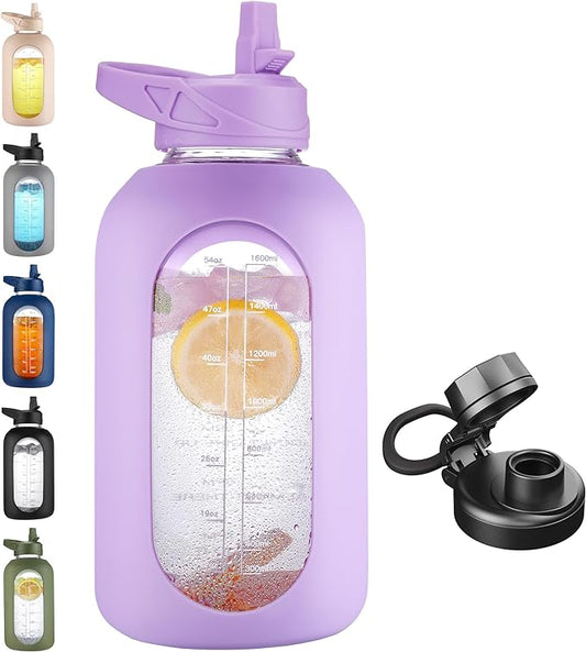 CIVAGO 64 oz Glass Water Bottle Jug with Straw and Handle, Half Gallon Sports Motivational Water Bottle with Time Marker and 2 Lids, Large Water Flask Canteen with Silicone Sleeve for Gym,Purple