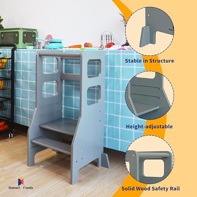 Damoch Family™ Kids Kitchen Step Stool with Anti-Drop Safety Rail,Toddler Standing Tower with CPC Certification,Patented Design (Grey)