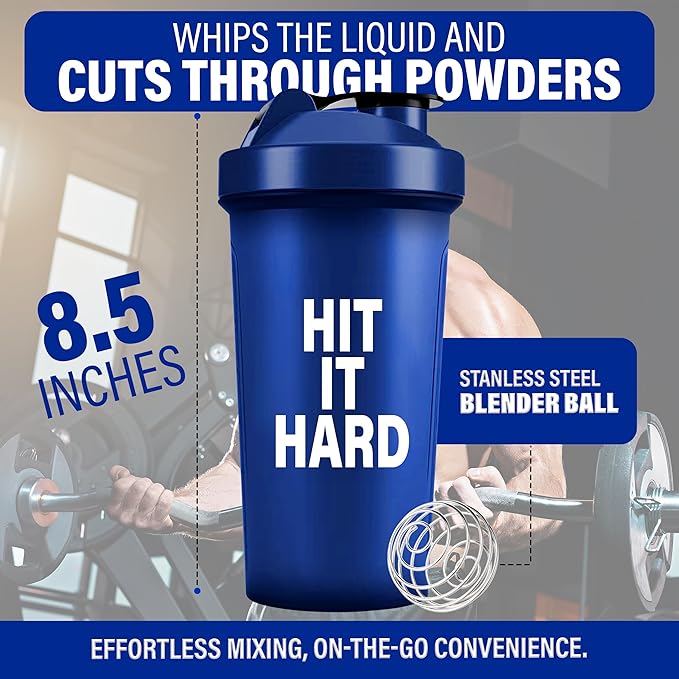 Shaker Bottles for Protein Shakes 24oz, Plastic Bottle for Pre and Post Workout, Protein Shaker Bottle with Wire Whisk Ball, Shaker Cup, Dishwasher Safe (HIT IT HARD, BLUE)