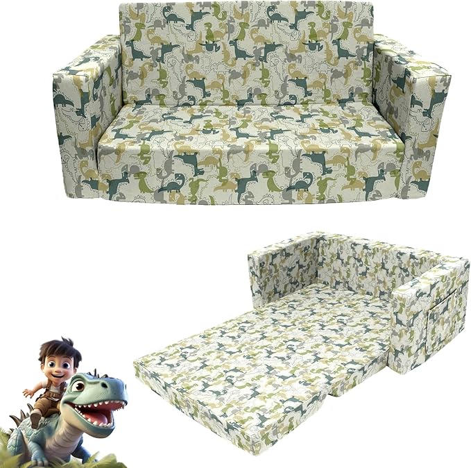 Kids Sofa, Children's Extra Wide Convertible Sofa to Lounger - Extra Soft 2 Seats 2 in 1 Flip Open Chair & Sleeper, Cute Dinosaur Print Toddler Chair Kids Couch for Kids Girls Boys