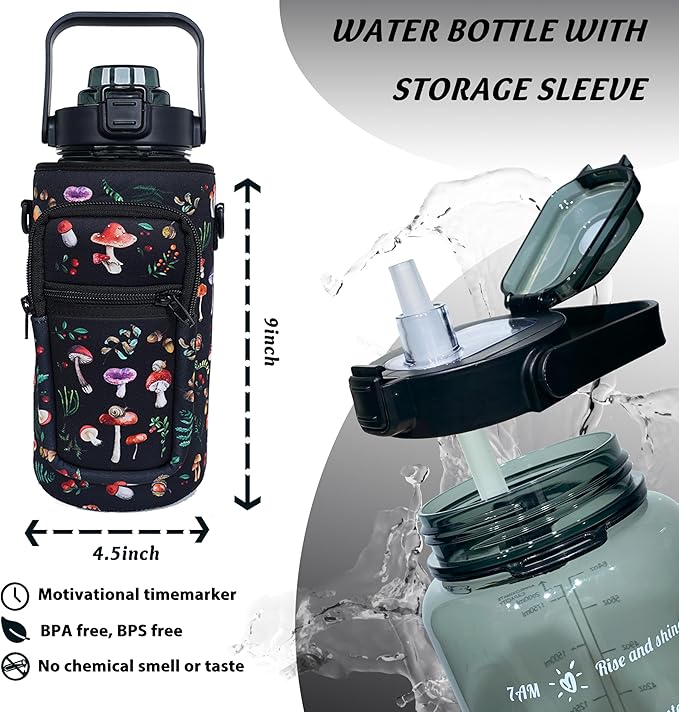 64 oz Water Bottle with Straw Sleeve & Strap Motivational Half Gallon Water Jug with Handle for Gym Women Men Aesthetic Water Bottle with Strap Black Mushroom