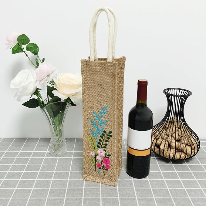 Embroidery Burlap Wine Bags, Reusable Bottle Bag for Picnic Wedding Beach Party Birthday Christmas Holiday Travel Home Storage