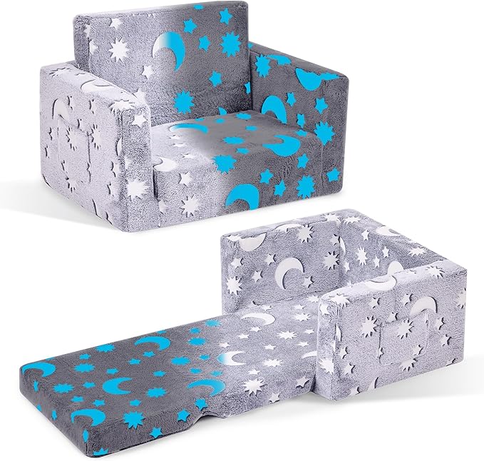Toddler Chair, Toddler Couch, Kids Couch, Kids Sofa Chair 2 in 1, Comfy Toddler Chair Folding Out for Boys, Girls, Glow in The Dark Extra Soft Open Couch for Playroom, Gifts for Kids, Grey Star