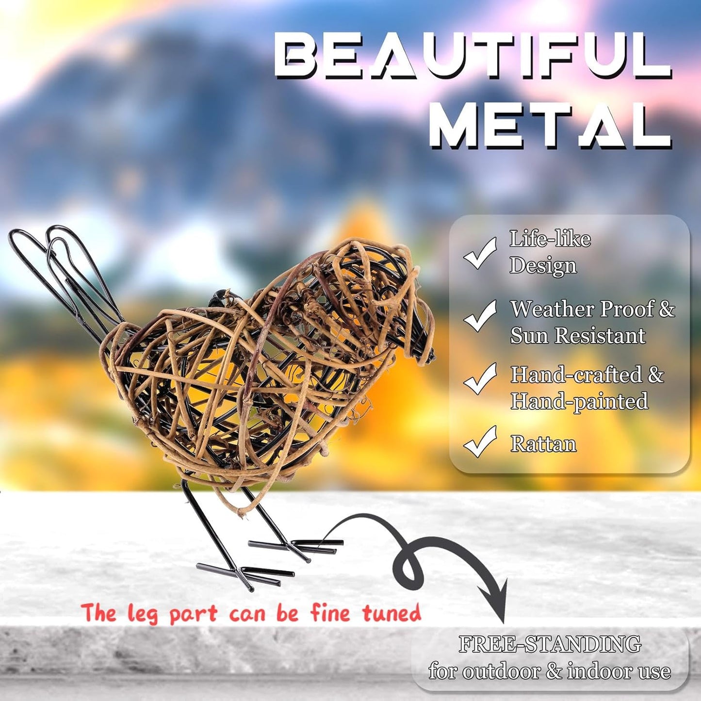 Natural Farmhouse Decor Set of 3 - Handwoven Rattan Bird Statue Table Decor, Multi-Pose Shelf & Mantel Accents