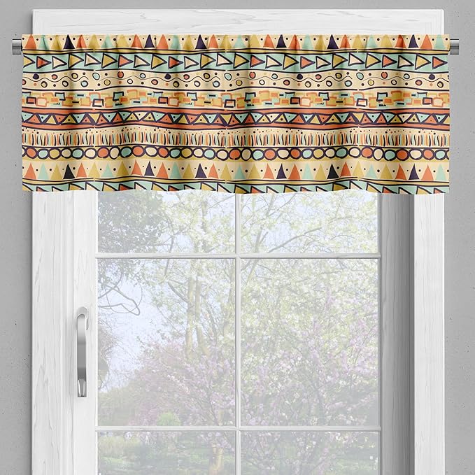 Ambesonne Prehistoric Valance & Tier Curtain 3 pcs Set, Mexican Style Doodles with Triangles Circles Folkloric Geometric Tribal, Window Treatments for Kitchen Room Decor, 55" x 24", Pastel Yellow