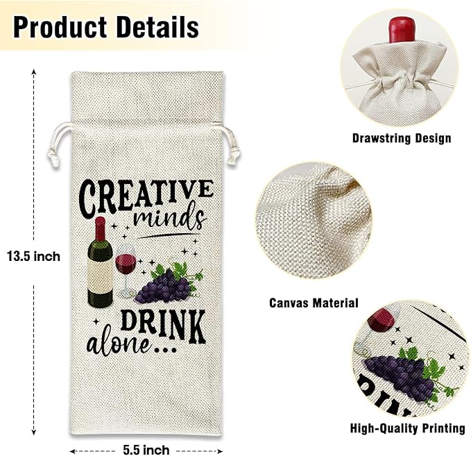 Wine Canvas Bag, Funny Wine Gift Bag, Birthday Gifts for Women Men Mom Coworker Friends Wife Wine Lover Gifts Wine Bags for Wine Bottles, Wine Gifts With Drawstring Holiday Party Decoration -WB23