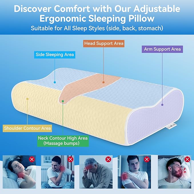 Cervical Neck Pillow Queen Size - Sandwich Dynamic Memory Foam Pillow for Sleeping, Adjustable Contour Ergonomic Orthopedic Cooling Pillow for Side, Back & Stomach Sleepers Soft