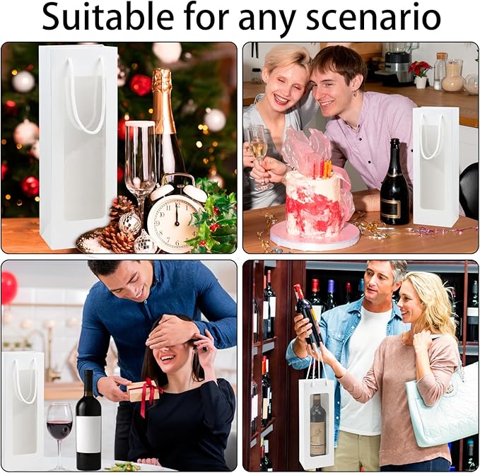 Ssyuysto 12 Pcs White Wine Gift Bags With Handle for Wine Bottles Gifts,4.9"x3.34"x14.1" Sturdy Kraft Paper Wine Bags With Window for Wedding Anniversary Birthday Party Christmas Thanksgiving