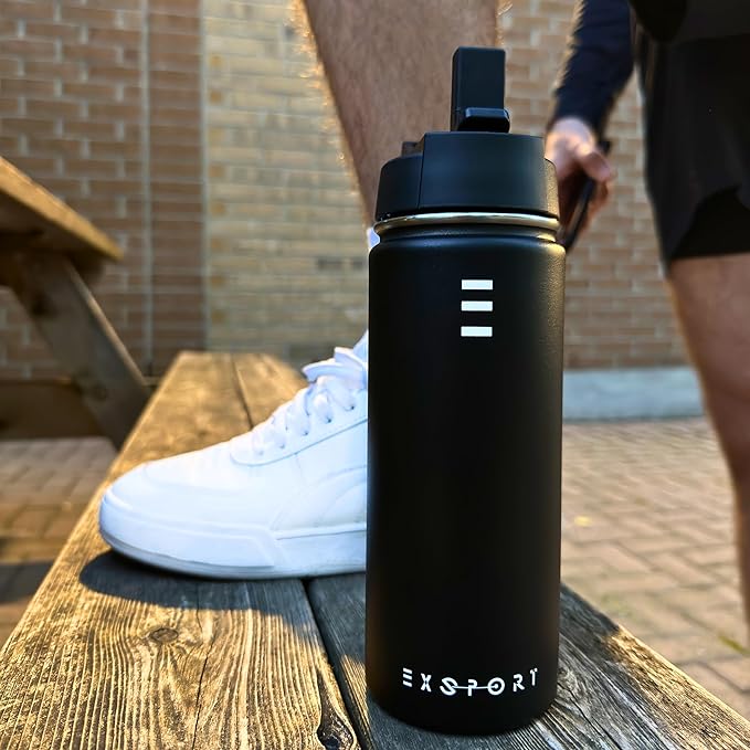Stainless Steel Water Bottle - 18 Oz Water Bottle with Straw Lid, Coffee Lid, and Wide Mouth Lid - Double Insulated Water Bottle - Metal Water Bottle - Hot and Cold Insulated Thermos - (Black)