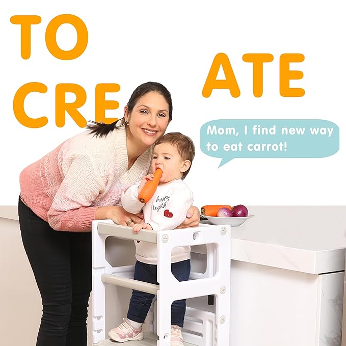 SDADI Mother's Helper Adjustable Height Plastic Kitchen Step Stool for Children, Kids Toddlers Counter Level Learning Stool for Kitchen & Bathroom,Beige and Light Grey