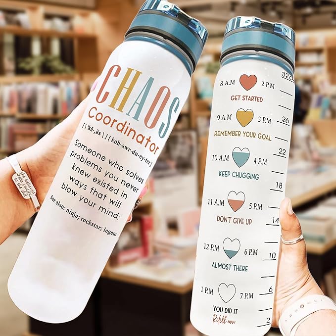 Macorner Chaos Coordinator Water Bottle Time Marker 32oz Leakproof - Birthday Gift Idea for Boss Women Coworker Manager Teacher Boss Lady Office Work Bestie - Suitable for School Gym Nurse Farewell