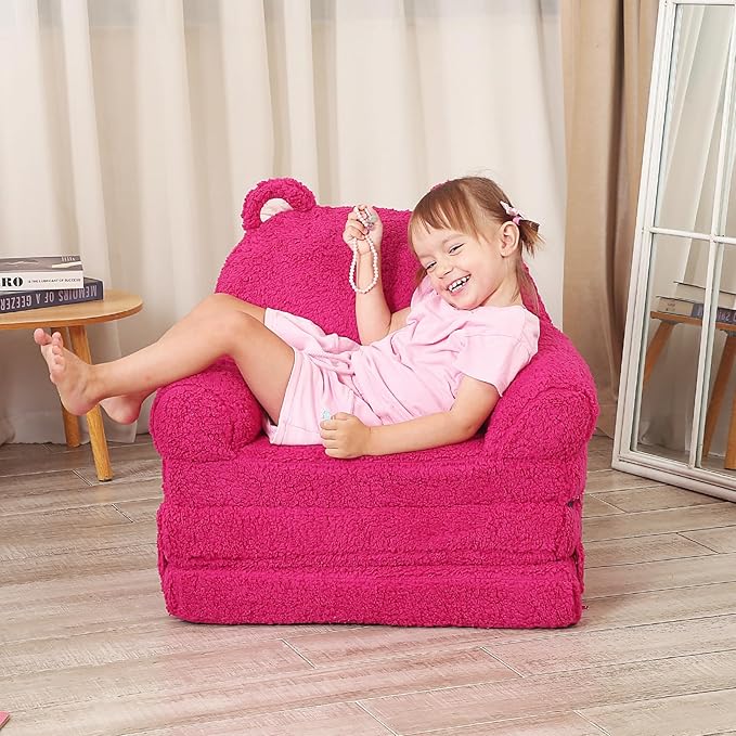 Foldable Kids Sofa, Sherpa Pink Teddy Bear Toddler Couch with Tri Folding Foam Cushions, Comfy Kids Couch for Kids Age 3-6
