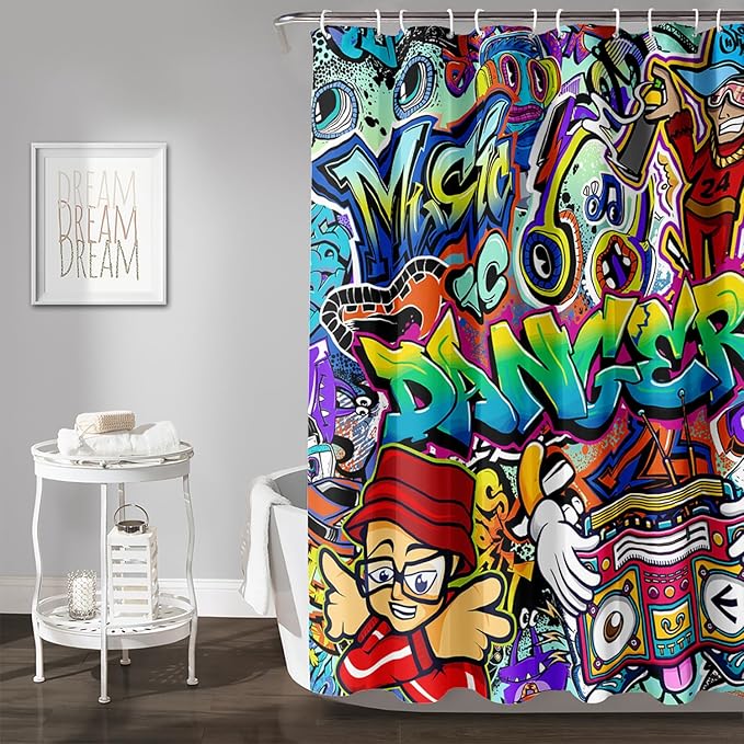 AILONEN Hip Hop Graffiti Shower Curtain for Bathroom,Colorful Graffiti Music Dancer Bathroom Curtain for Kids Boys Girls,Bath Curtain 72" W*72" H Polyester Waterproof Bathroom Curtain with 12 Hooks
