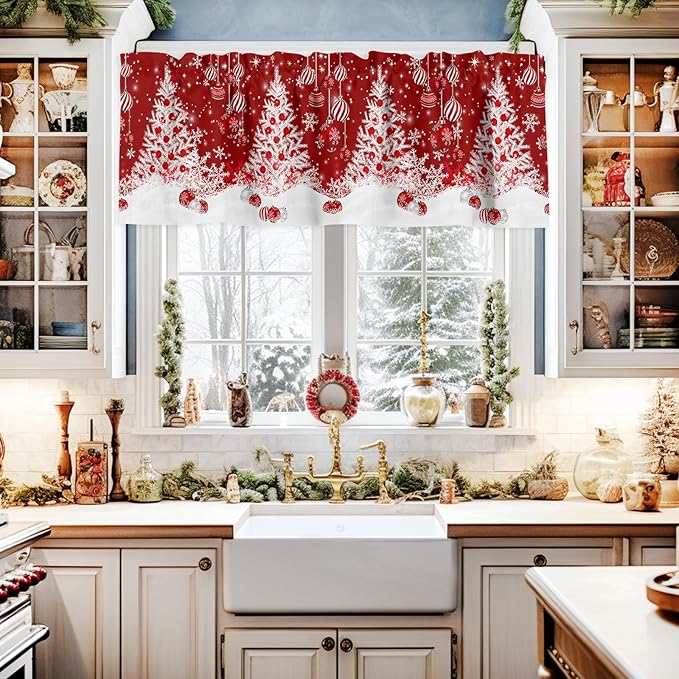 Red Christmas Valance Curtains for Kitchen Windows White Xmas Tree Snowflakes Red Balls Rod Pocket Window Treatment Toppers for Kitchen/Living Room/Bedroom/Bathroom, 42" X 12", Winter
