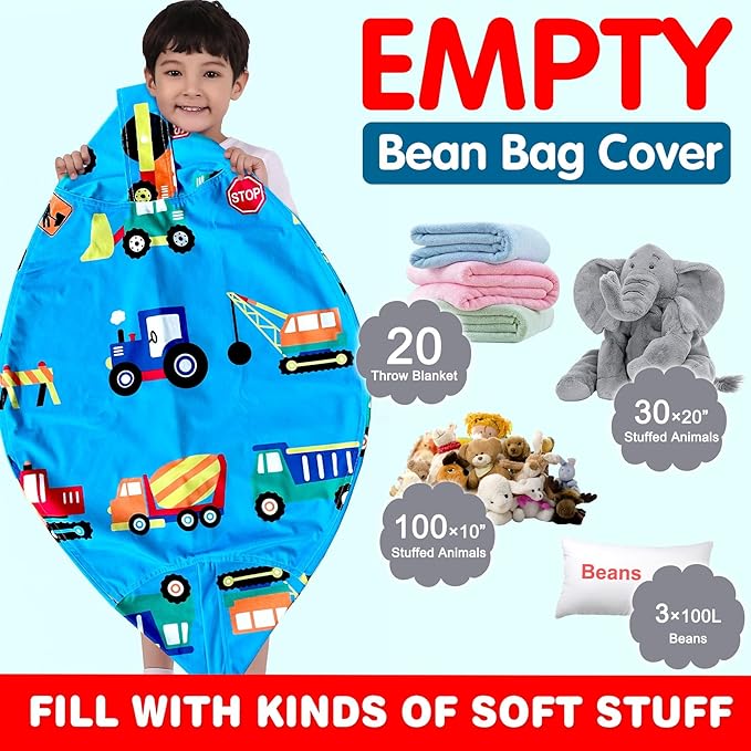 Lukeight Stuffed Animal Storage Bean Bag Chair Cover for Kids, Construction Zipper Beanbag Chair Cover for Organizing Toddler & Kids' Rooms Plush Toys (Construction Velvet, XX-Large)