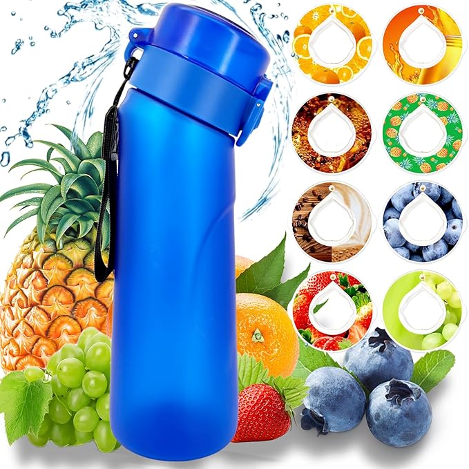 Air Water Bottle with Flavor Pods, Flavored Water Bottle,750ML Large Scented Flavor Water Bottle,Sports Water Cup with Straw Suitable for Outdoor Sports(New Blue+8Pods)