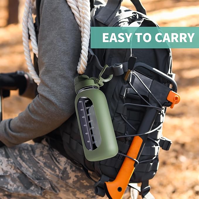 CIVAGO 64 oz Glass Water Bottle Jug with Straw and Handle, Half Gallon Sports Motivational Water Bottle with Time Marker, Wide Mouth Water Flask Canteen with Silicone Sleeve for Gym, Blush