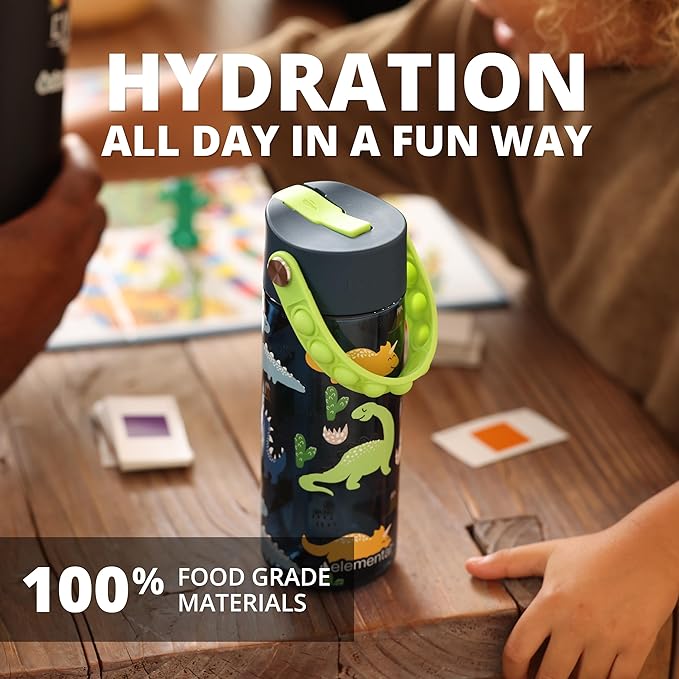 Elemental Leak Proof Water Bottles for Kids - Splash Kids Water Bottle for School with Fun Fidget Pop-it Handle - BPA Free Tritan Plastic Reusable Water Bottle with Straw - Dinosaur - 18oz