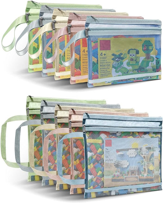 A4A5-2Layers 10 Pack Colored Mesh Zipper Pouch Bags, Double-Layer Nylon Puzzle Building Block Sets Toy Storage & Organization, Breathable See Through Zipper Pouch