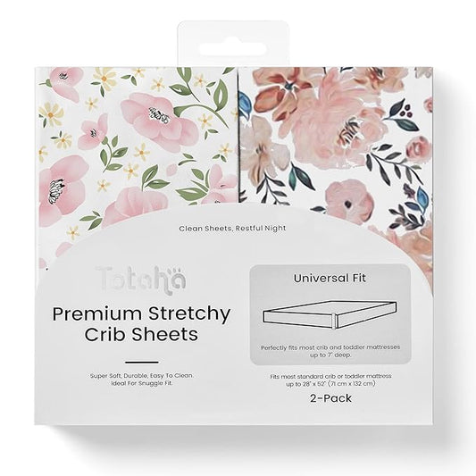 TotAha Premium Stretchy Crib Sheets (2-Pack)-Hypoallergenic, Silky Comfort, Buttery Soft, Calming Effect, All-Season Jersey-Knit Sheets, 9'' Extra Deep Pocket(Meredith Allover Floral & Pale Pink)