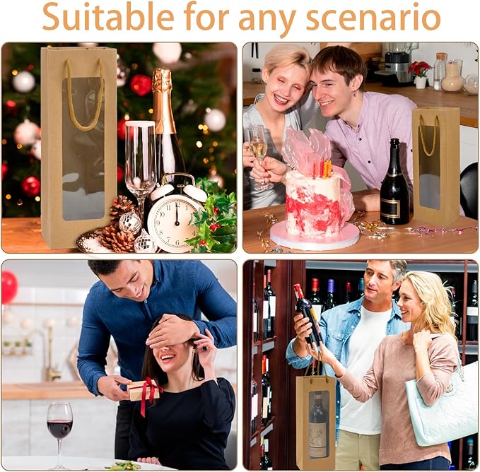 Ssyuysto 12 Pcs Wine Gift Bag with Window, 12 Pack 4.9"x3.34"x 14.1" Tall Paper Wine Bags for Wine Bottle, Brown Gift Bag for New Year Birthday Housewarming Dinner Party