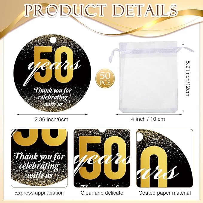 Barydat 50 Sets 50th Birthday Party Favors Wine Bottle Corks Wooden Wine Stopper 50th Anniversary Cheers to 50 Years Thank You Cards Labels Organza Bags Thank You Gifts 50th Birthday Gifts for Guest