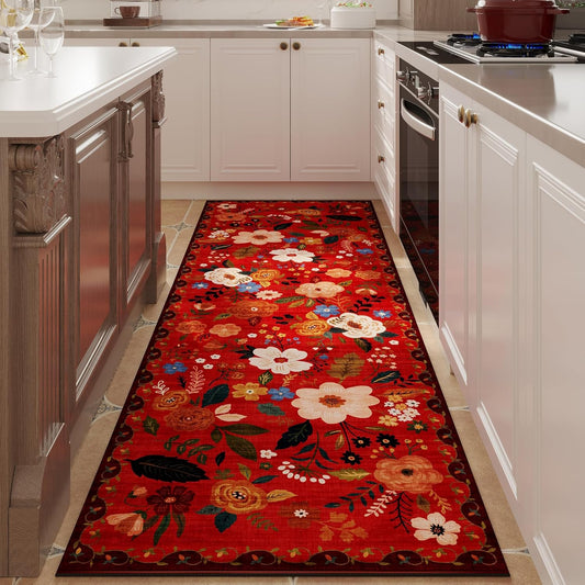 Runner Rug for Hallways Kitchen Rug Non Slip 2'x 6' Washable Runner Rugs with Rubber Backing Soft Floral Carpet Runner for Hallways, Kitchen, Laundry, Bedroom, Bathroom(Red)