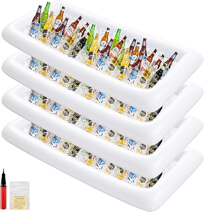 HBlife 4 PCS Inflatable Serving Bar, Salad Ice Tray Food Drink Containers with Drain Plug and 1 Hand Air Pump, Inflatable Buffet Cooler for Party Supplies