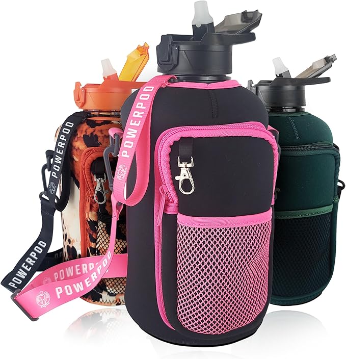 Motivational Half Gallon Water Bottle (74oz, 2.2L) Sports Water Jug + Storage Sleeve, Silicone Straw, Adjustable Carrying Strap - Reusable Water Bottle- BPA Free Water Bottle-Black and Pink