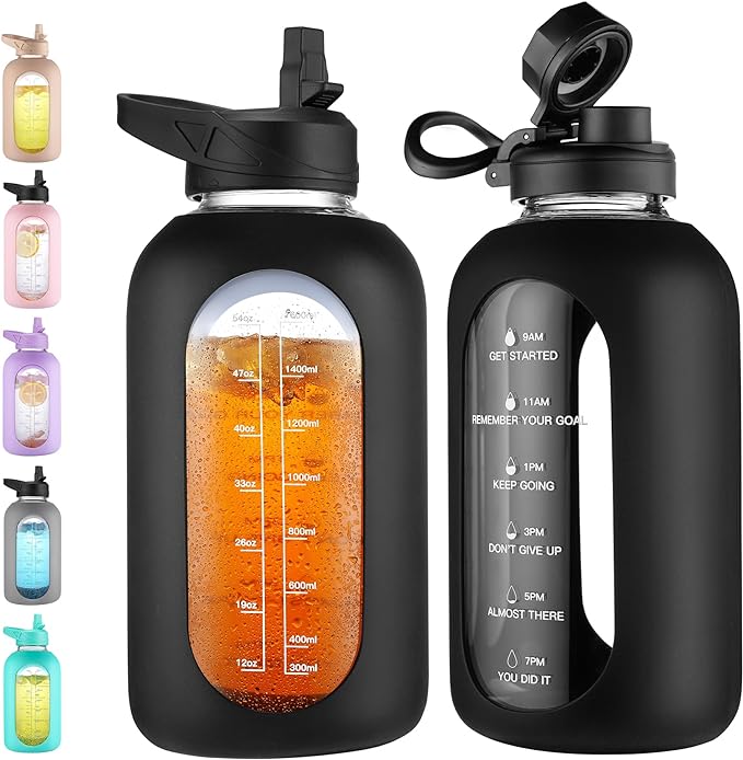 CIVAGO 64 oz Glass Water Bottle Jug with Straw and Handle, Half Gallon Sports Motivational Water Bottle with Time Marker, Wide Mouth Water Flask Canteen with Silicone Sleeve for Gym, Black