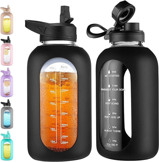 CIVAGO 64 oz Glass Water Bottle Jug with Straw and Handle, Half Gallon Sports Motivational Water Bottle with Time Marker, Wide Mouth Water Flask Canteen with Silicone Sleeve for Gym, Black