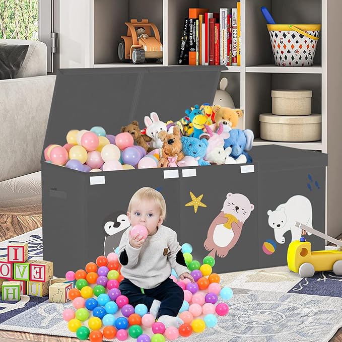 Large Toy Box Storage Chest,Sturdy Toys Storage Organizer Bin Basket with Dividers and Lids for Toddlers,Boys,Girls,Nursery,Closet,Living Room Area,Playroom(Grey Animals)