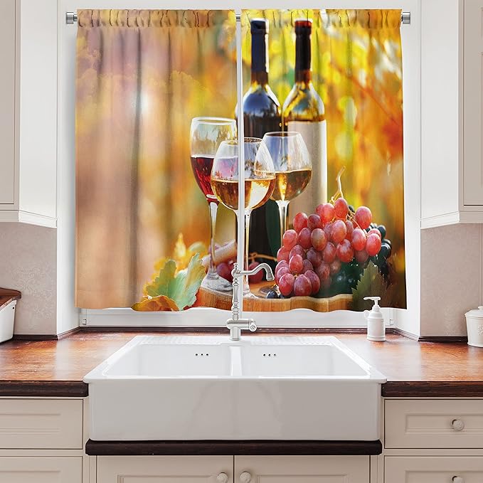 Ambesonne Wine Kitchen Curtains, Tasty Wine on Wooden Cask on Grape Plantation Countryside Harvest Rural Growth, Window Drapes 2 Panel Set for Kitchen Cafe Decor, 55" x 39", Orange Red