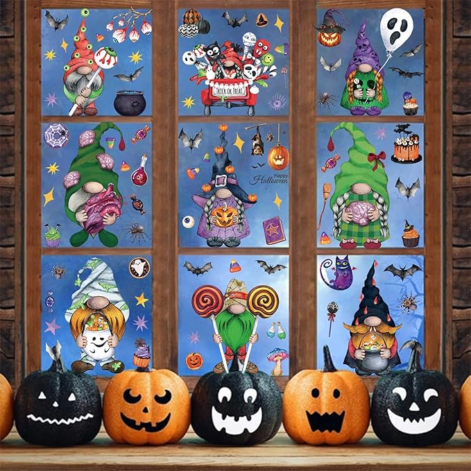 Halloween Window Clings Stickers Decoration Cartoon Dwarf Midget Horror Design Halloween Window Cling Decal Double Sided Static Removable Halloween Glass Window Stickers Supplies 9 Sheets