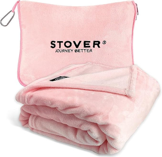 STOVER 2-in-1 Combo Airplane Travel Blanket & Pillow Bag- Lightweight, Compact, Packable, Warm Premium Fleece Set for Long Flights- w/Luggage Sleeve & Backpack Clip- for Men, Women & Families (Pink)