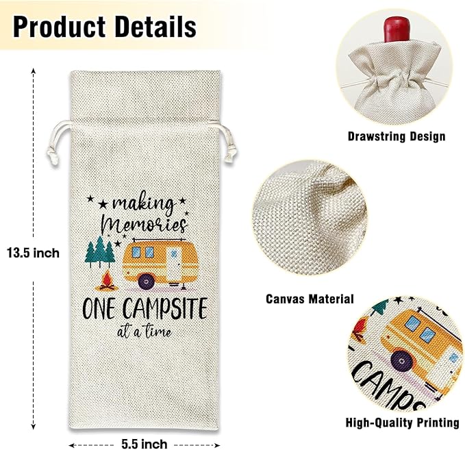 Wine Canvas Bag, Camper Gifts Wine Gift Bag, Camping Gift for Women Men Friend Camper Vacation Gifts Wine Bags for Wine Bottles, Wine Champagne Gifts With Drawstring Outdoor Party Decoration -WB10