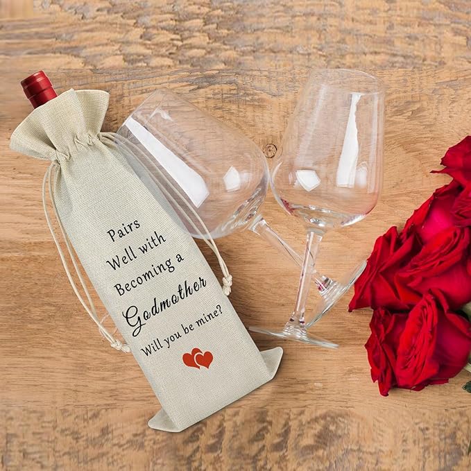 Mother’s Day Gift Godmother Gift from Godchild Godmother Wine Bag Pregnancy Announcement Gift for Friends Birthday Christmas Gift for Aunt Godmother Drawstring Burlap Wine Bottle Bag Thanksgiving Gift