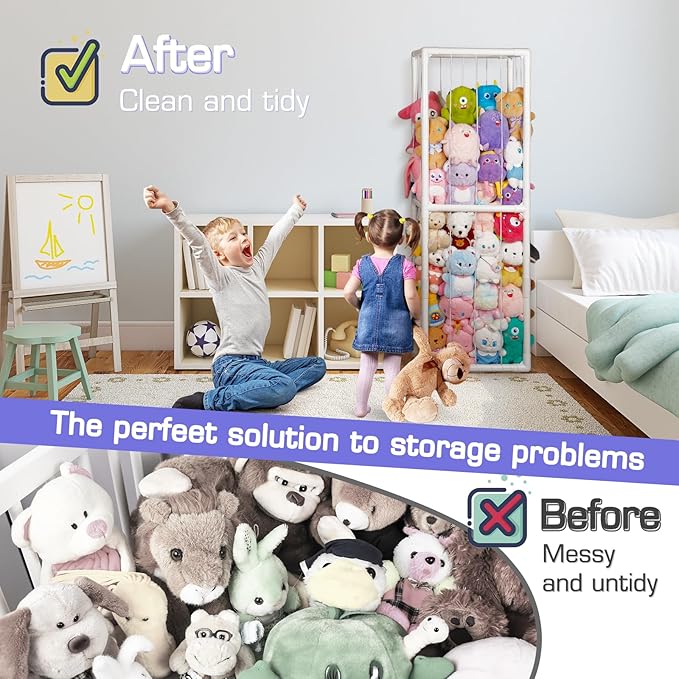 Trycooling Stuffed Animal Storage Zoo Stuffed Animal Holder Space Save Vertical Stuffed Animals Storage PVC with Elastic Band and Net for Playroom Birthday Gift for Bedroom Nursery (White 1)
