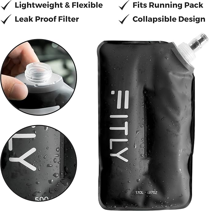 Soft Flask - 37 oz (1.10 L) - Shrink As You Drink Soft Water Bottle for Hydration Pack/Running Vest With Hydration Tube - Folding Water Bottle for Running, Hiking - Ski Water Bottles (F11)