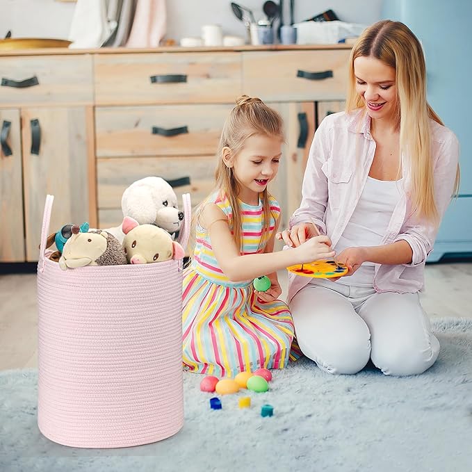 Baby Laundry Basket Hamper,Woven Cotton Rope Pink Laundry Basket Nursery Hamper Bin Storage Basket for Girls Kids Living Room Bedroom Cute Boho Tall Woven Rope baskets for Clothes Blanket Toys Large