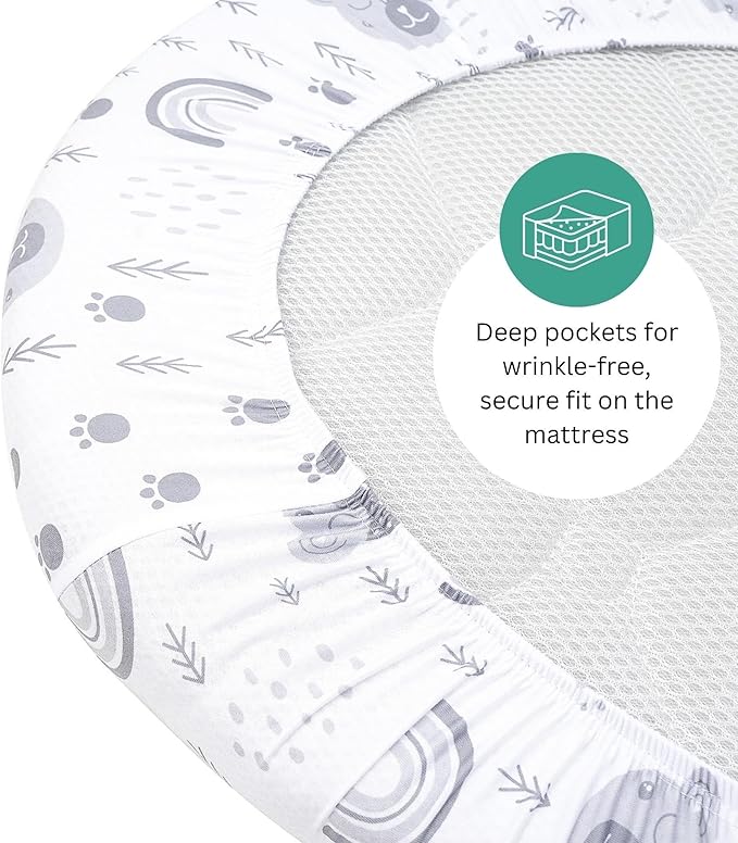 Bassinet Sheets for Dream On Me Karley, Plus, Lacy, Small Regalo Basics, Baby Delight Slumber, Snuggle Nest, Graco Carry Cot, 3 Pack, 16 x 32, Ultra Soft, Unisex Boys Girls, Gray (Woodland Rainbow)